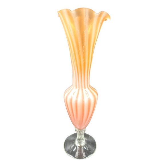 Vintage 8" Bud Vase Orange & White Swirl With Ruffled Edge Stemmed Styled base - Picture 3 of 8